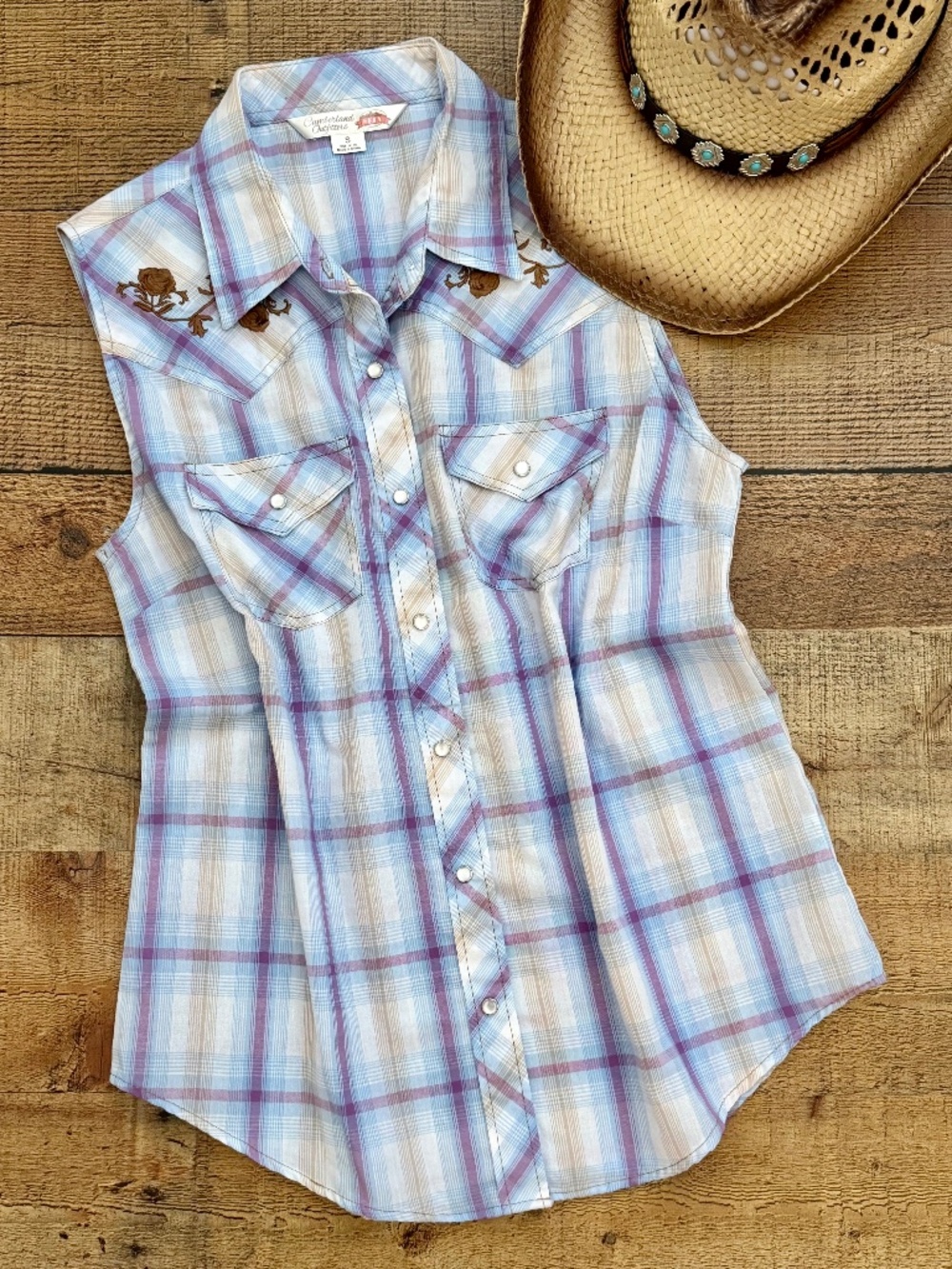 Sleeveless Western Plaid Pearl Snap Shirt with Embroidered Yoke